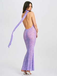 Olena Burnout Velvet Animal Print Mesh Halter Neck Maxi Dress | Purple