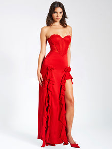 Talia Satin Lace Corset Maxi Dress | Red