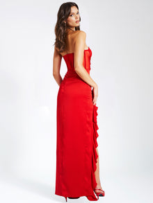 Talia Satin Lace Corset Maxi Dress | Red