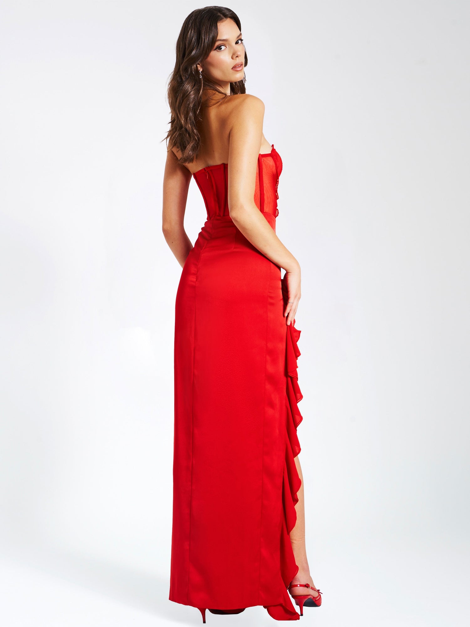 Talia Satin Lace Corset Maxi Dress | Red