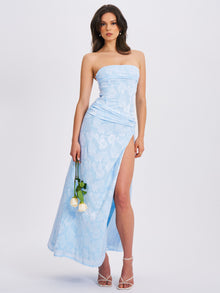 Xatia Jacquard Textured High Slit Maxi Dress | Baby Blue