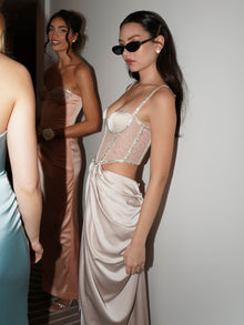 Cadence Satin Crystal Embellished Corset Dress | Champagne