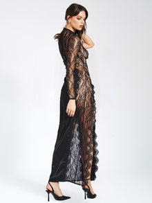 Weslyn Satin Lace High Slit Dress | Black