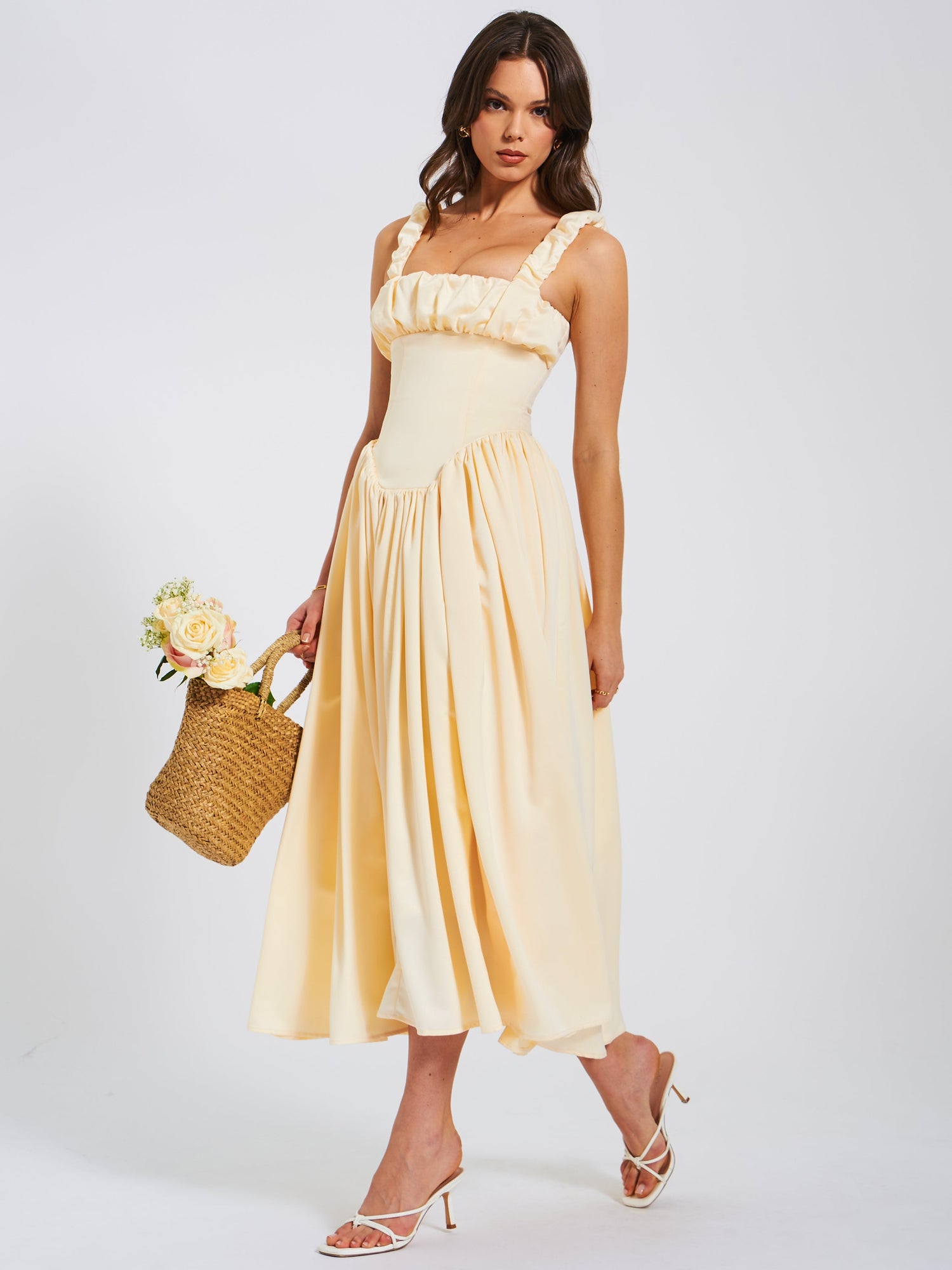 Noreen Satin Drop Waist Maxi Sundress | Egg White