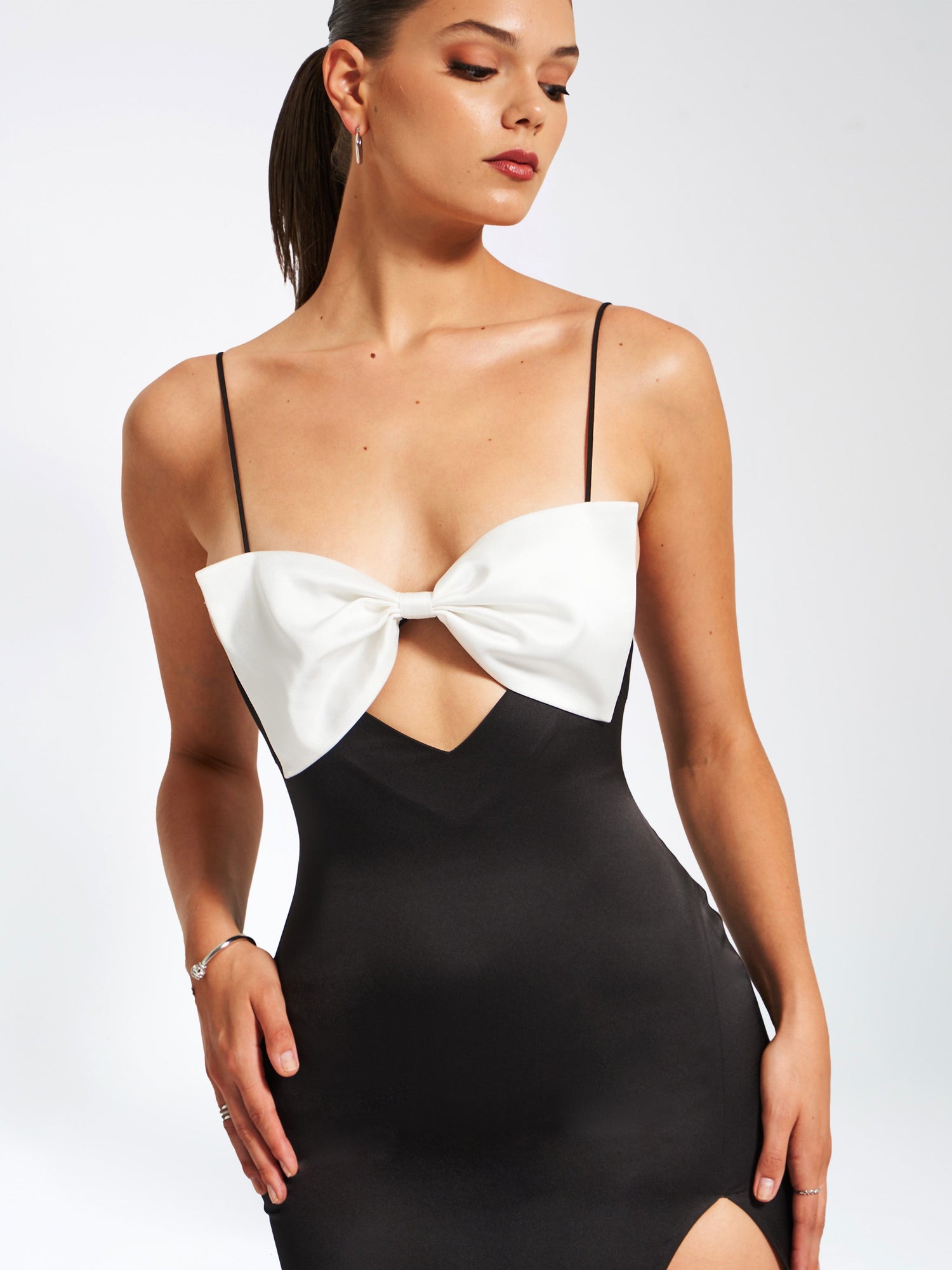 Eleanor Bow Satin Gown | Black and White