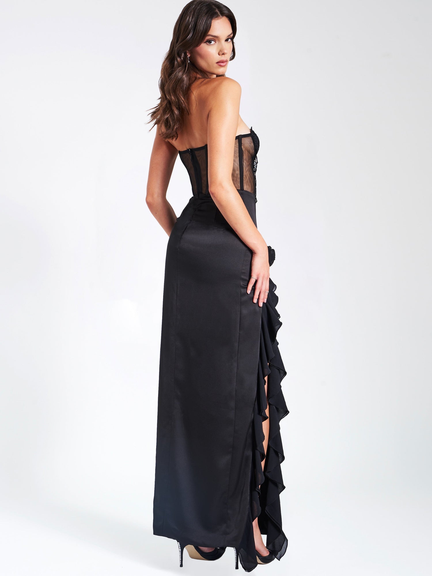 Talia Satin Lace Corset Maxi Dress | Black