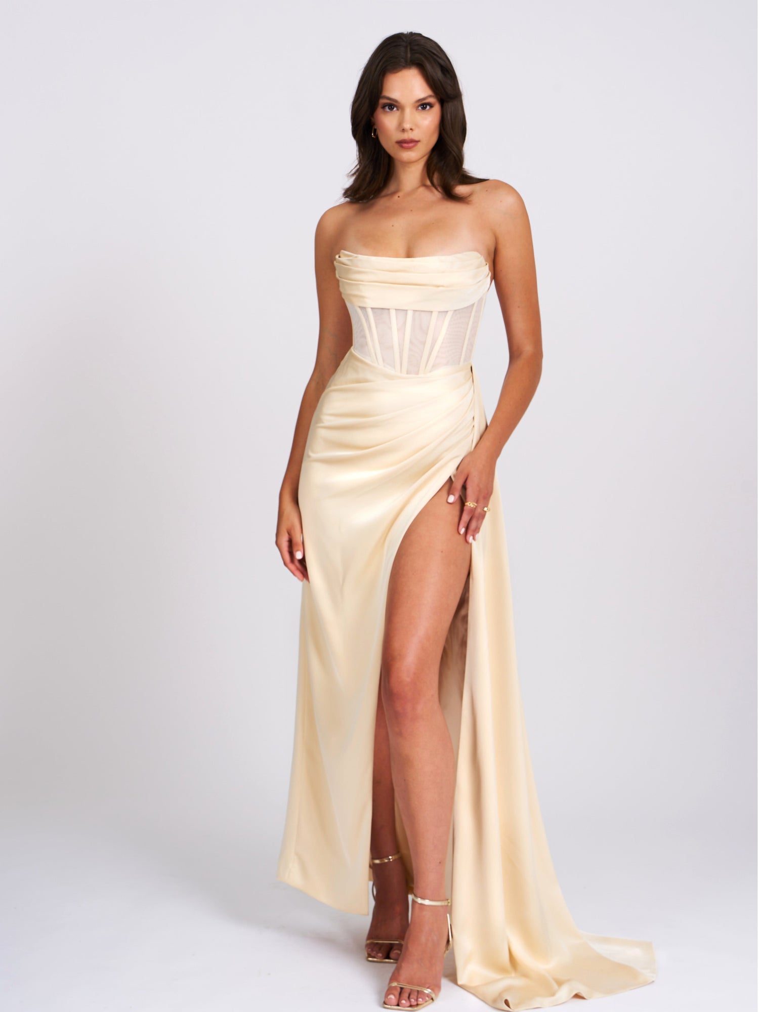 Prisa High Slit Satin Corset Gown | Egg White