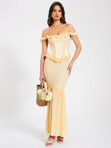 Ersilia Satin Lace Peplum Corset Off Shoulder Maxi Dress | Pale Yellow