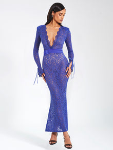 Giada Lace Deep V Long Sleeve Maxi Dress | Navy