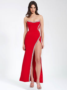 Xoana Crystal Embellished High Slit Gown | Red