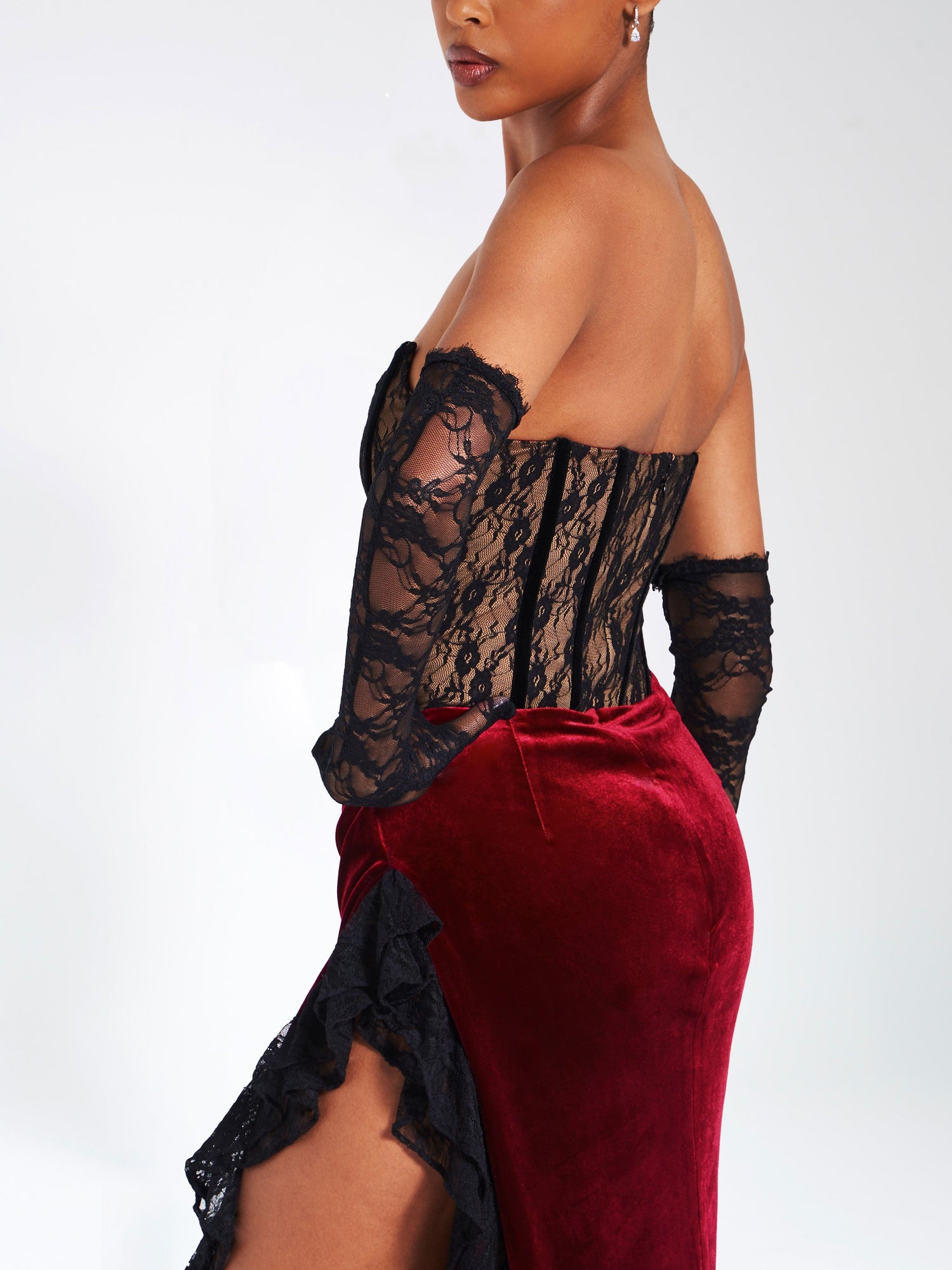 Gaia Lace Velvet Corset Side Slit Dress | Burgundy