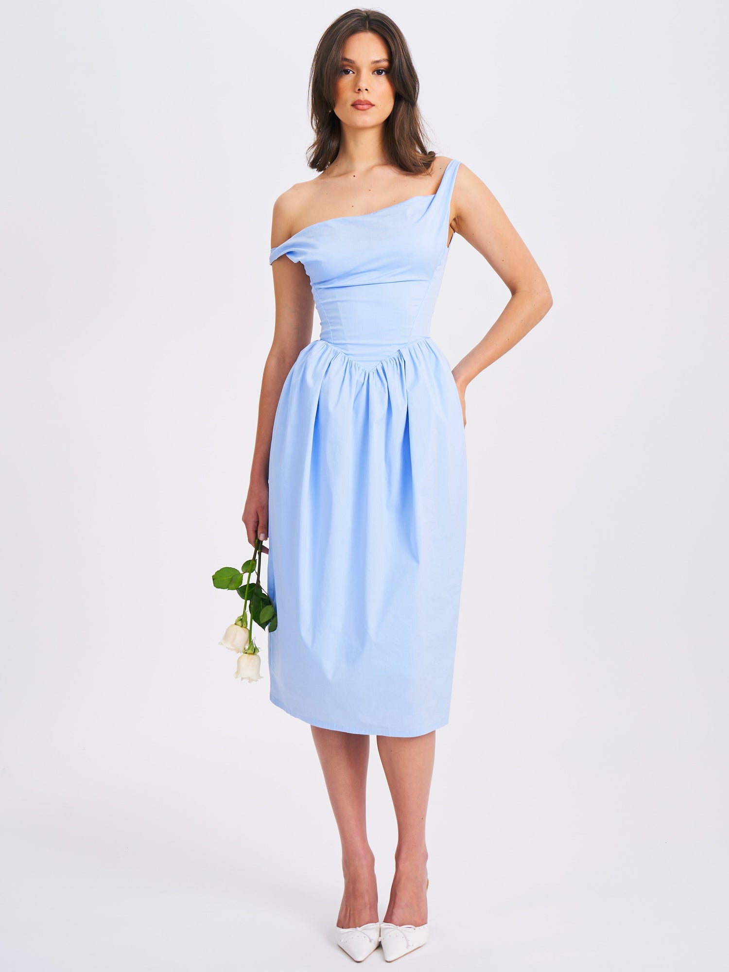 Reina Cotton Poplin Drop Waist Corset Midi Dress | Blue