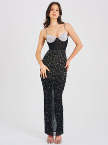 Jimena Crystal Embellished Back Slit Maxi Dress | Black/Silver