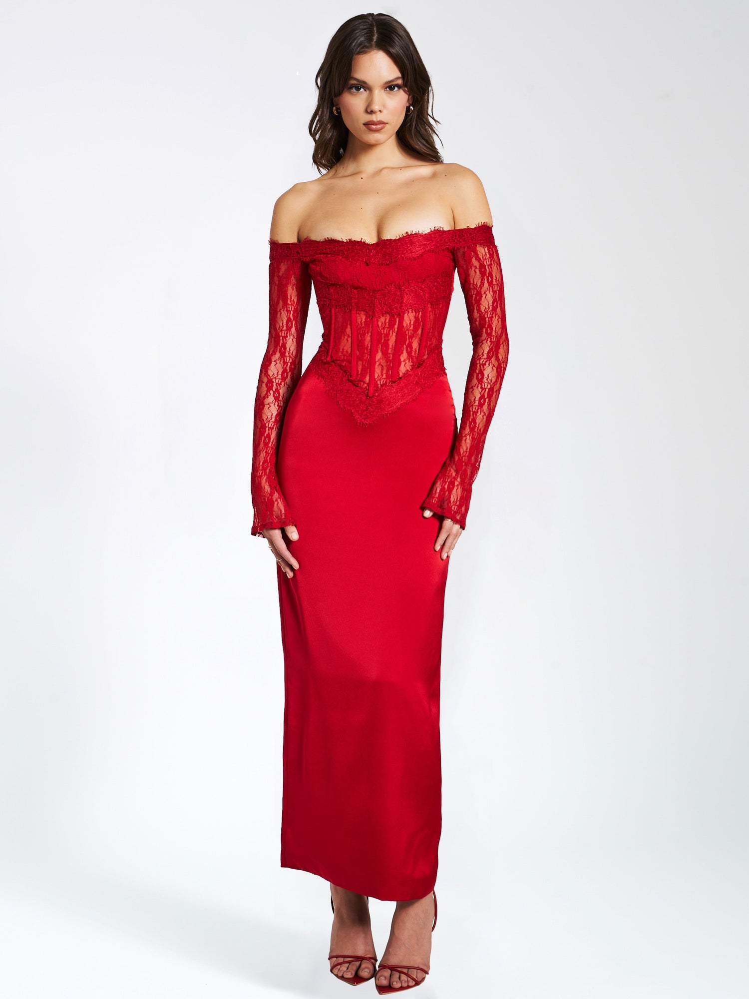 Nessa Lace Satin Corset Maxi Dress | Red