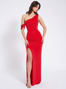 Paget Mesh Rhinestone Embellished High Slit Gown | Red