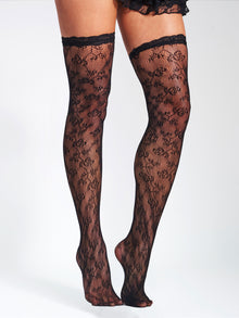 Miss Circle Lace Floral Print Thigh High Stockings | Black