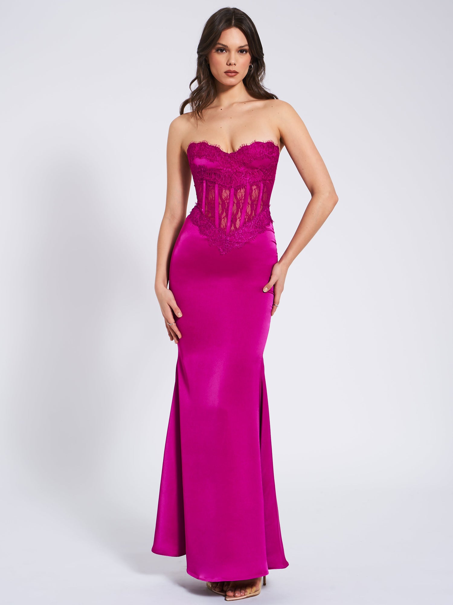Everleigh Lace Satin Corset Maxi Dress | Fuchsia