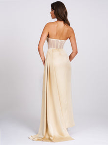 Prisa High Slit Satin Corset Gown | Egg White