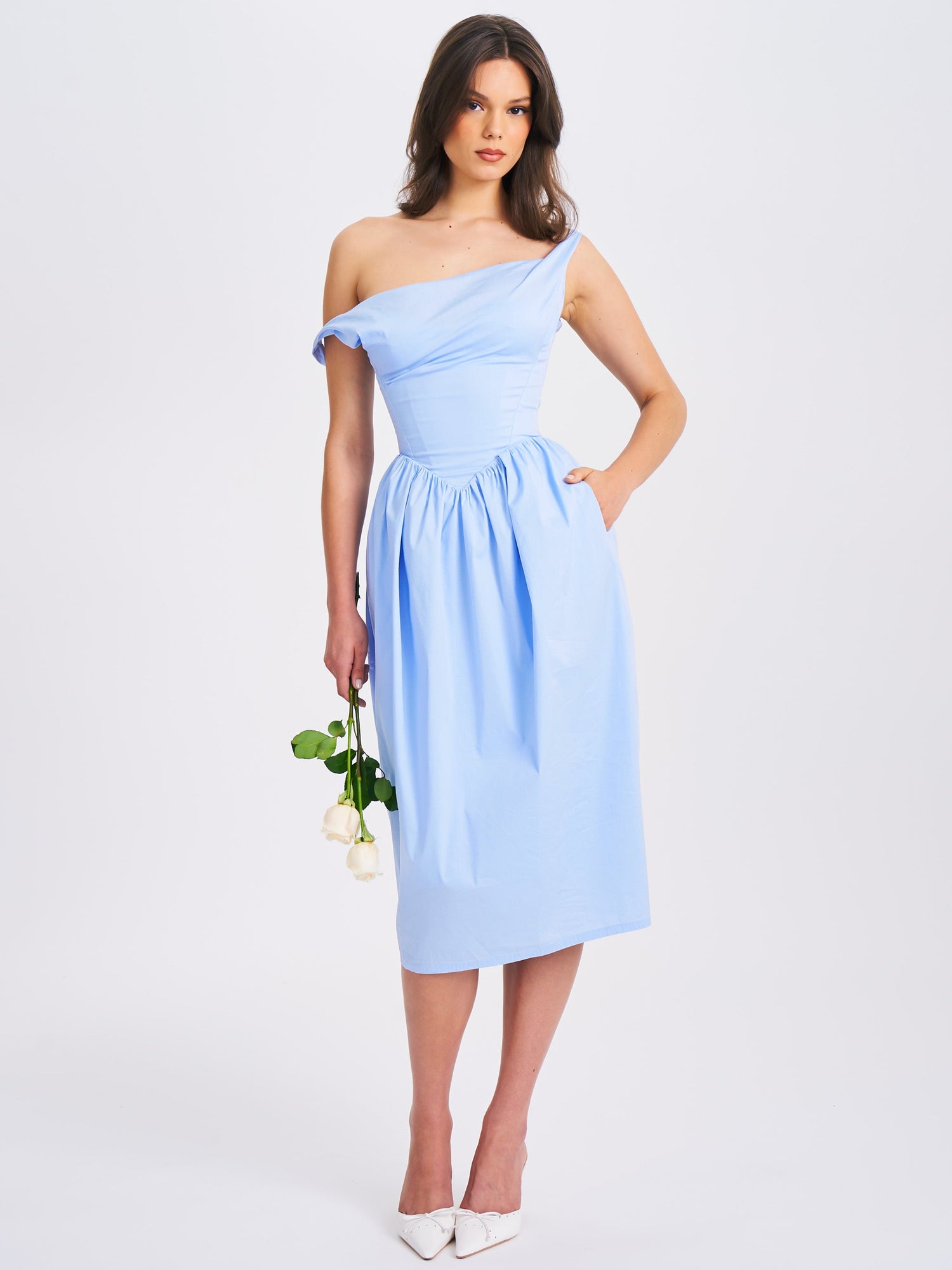 Reina Cotton Poplin Drop Waist Corset Midi Dress | Blue