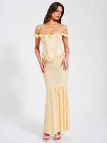 Ersilia Satin Lace Peplum Corset Off Shoulder Maxi Dress | Pale Yellow