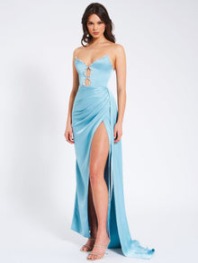 Marilyn Satin Crystal Embellished High Slit Gown | Pale Blue