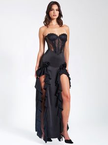 Talia Satin Lace Corset Maxi Dress | Black