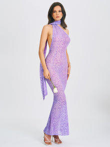 Olena Burnout Velvet Animal Print Mesh Halter Neck Maxi Dress | Purple