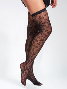 Miss Circle Lace Floral Print Thigh High Stockings | Black