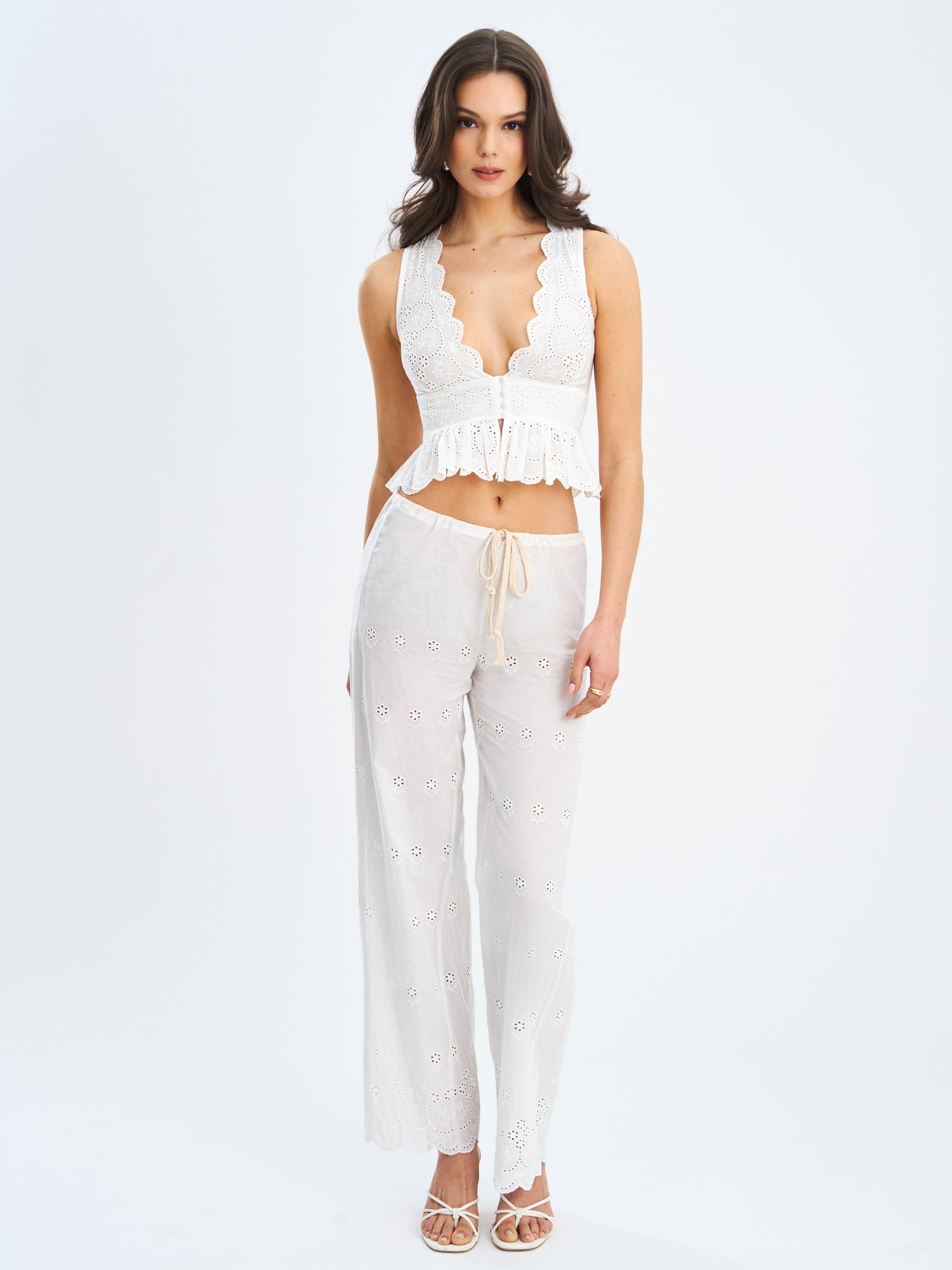 Raia Cotton Eyelet Scallop Trim Top | White