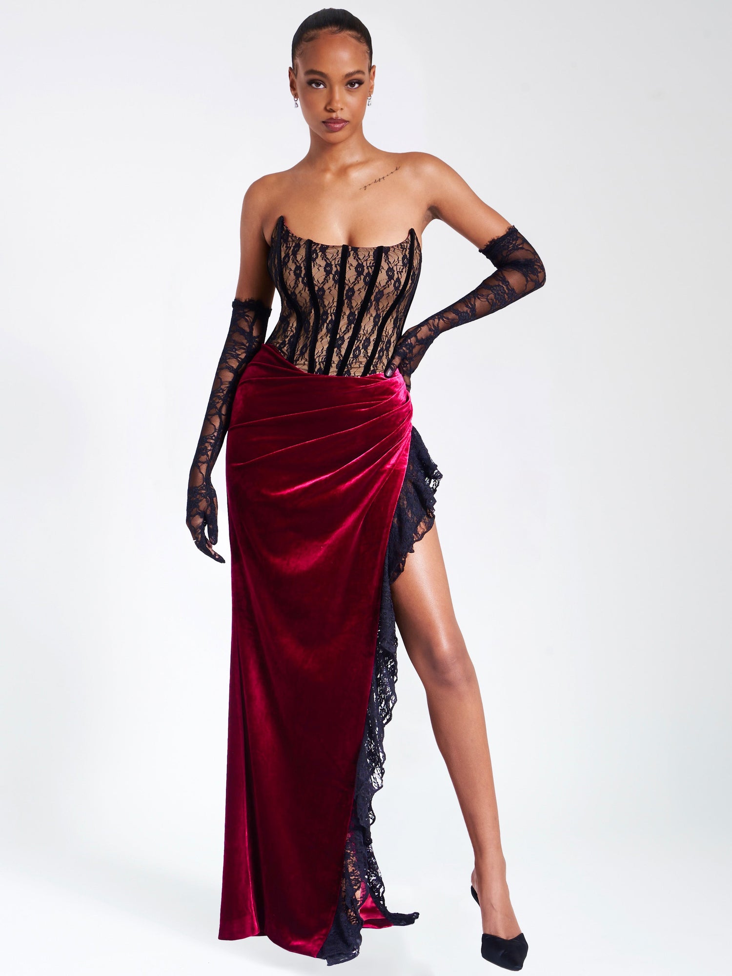 Gaia Lace Velvet Corset Side Slit Dress | Burgundy
