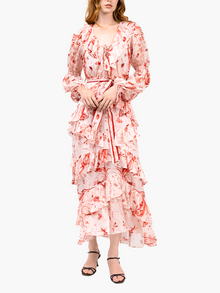 Swan Print Chiffon Ruffle Maxi Dress | Red