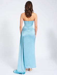 Marilyn Satin Crystal Embellished High Slit Gown | Pale Blue