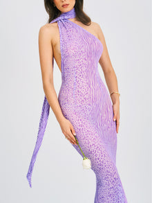 Olena Burnout Velvet Animal Print Mesh Halter Neck Maxi Dress | Purple