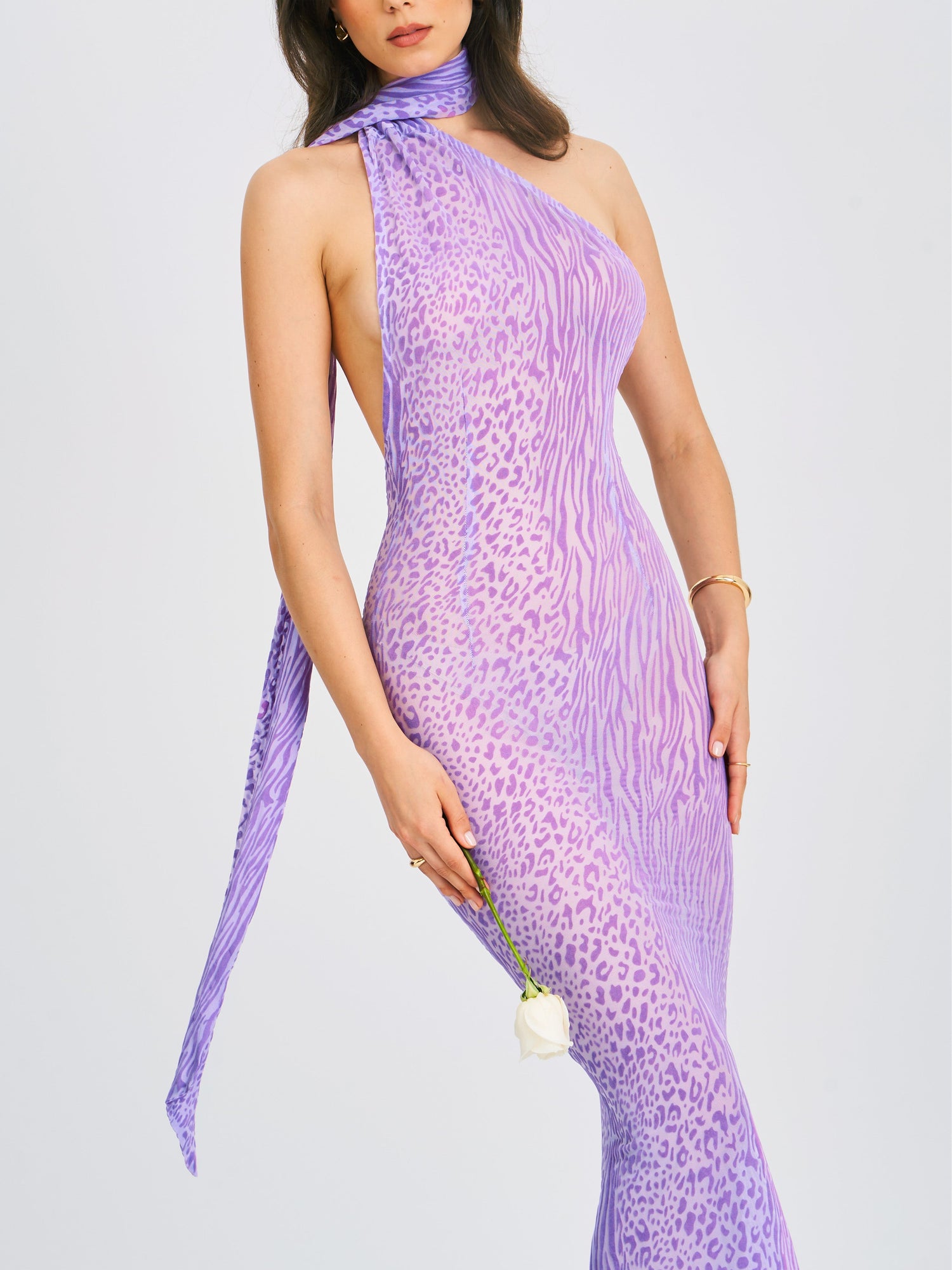 Olena Burnout Velvet Animal Print Mesh Halter Neck Maxi Dress | Purple