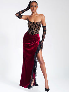 Gaia Lace Velvet Corset Side Slit Dress | Burgundy