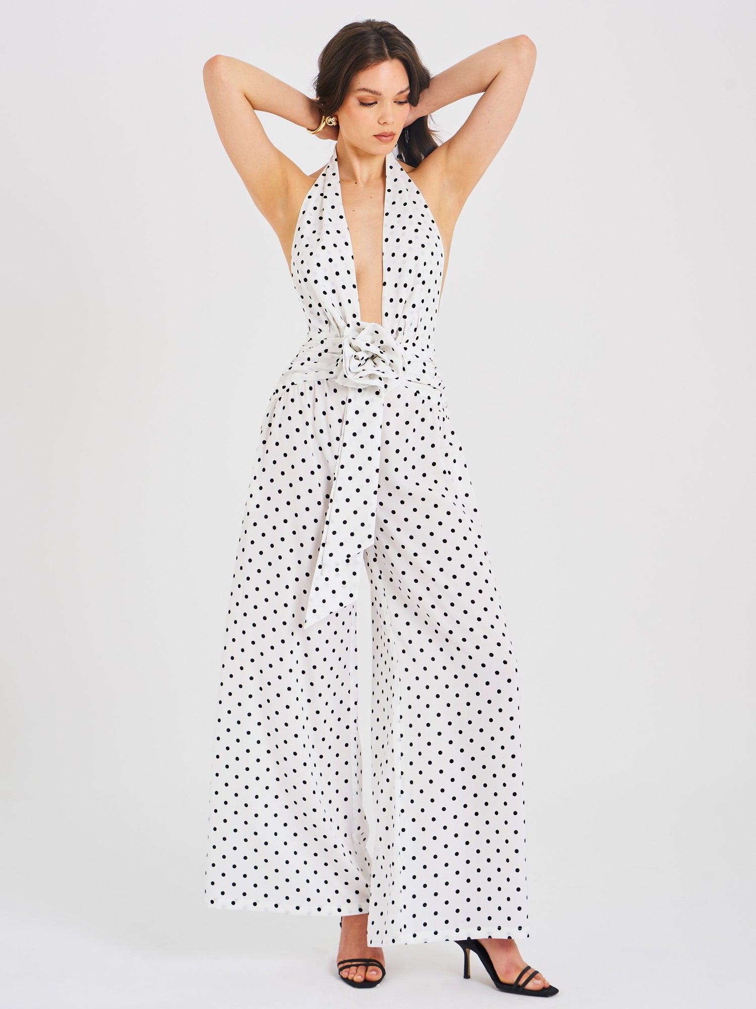 Oriana Halter Jumpsuit | White Polka Dots