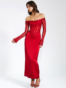 Nessa Lace Satin Corset Maxi Dress | Red