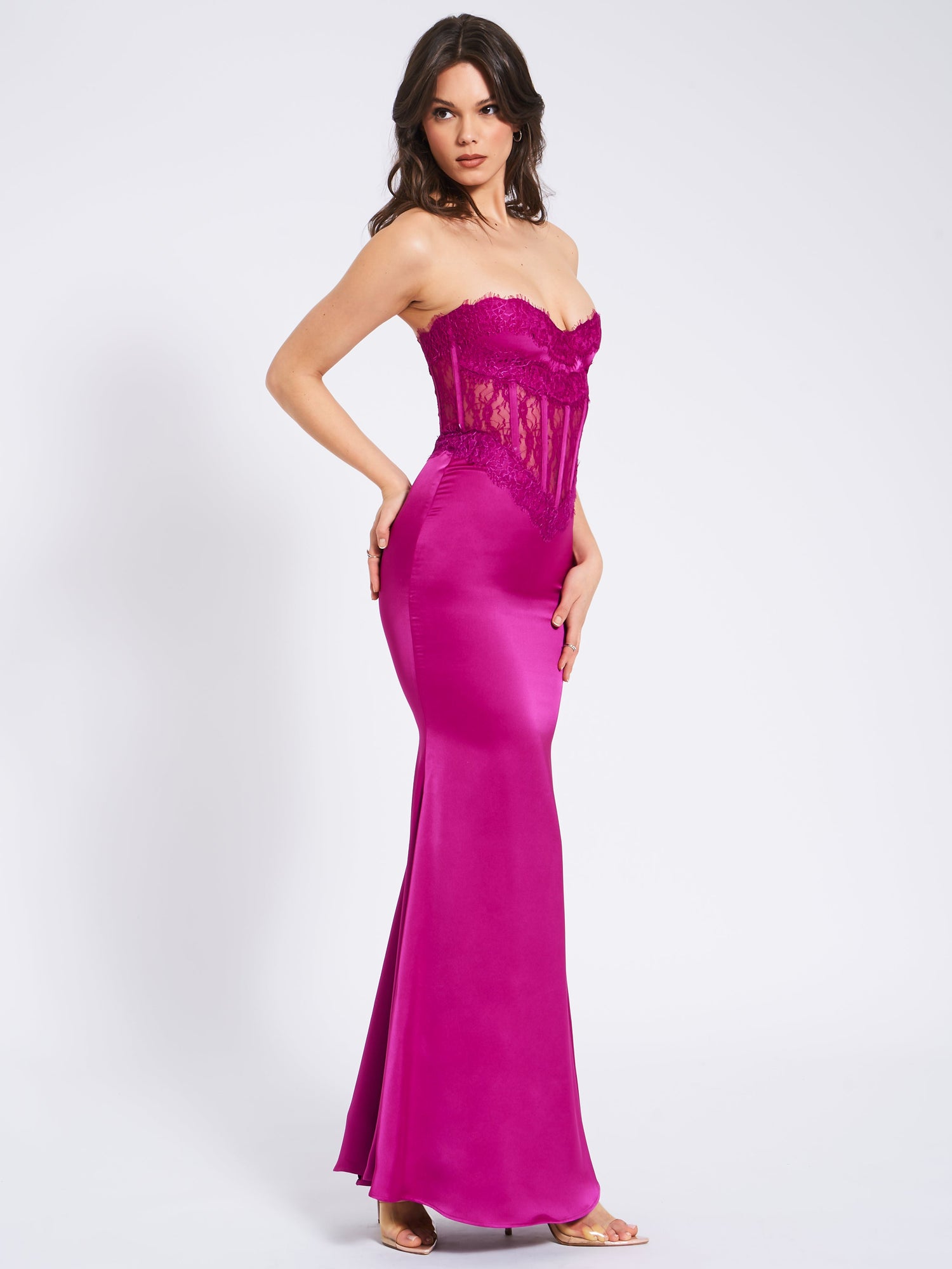Everleigh Lace Satin Corset Maxi Dress | Fuchsia