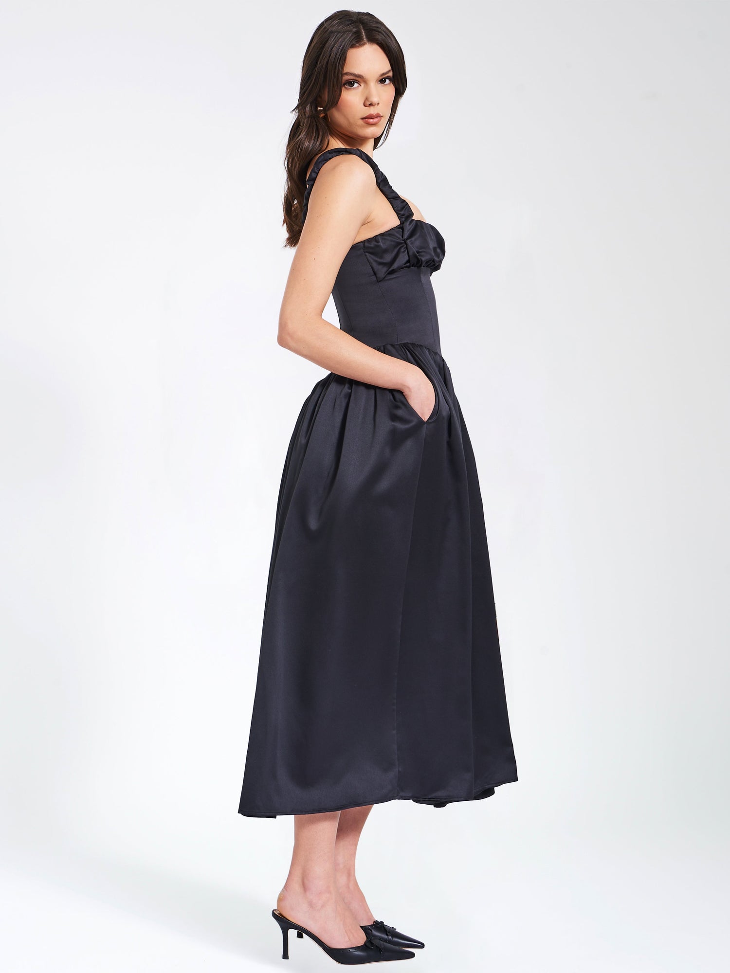 Noreen Satin Drop Waist Maxi Sundress | Black