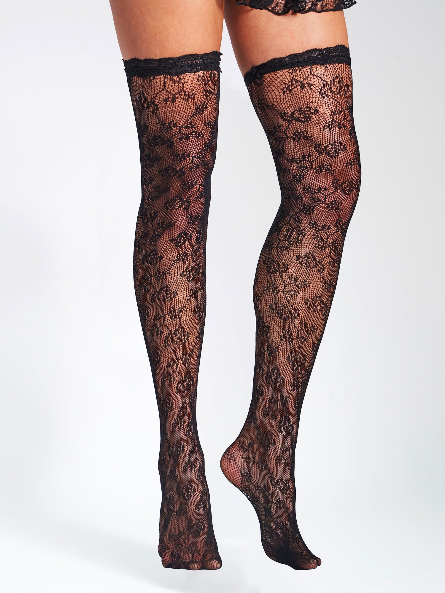 Miss Circle Lace Floral Print Thigh High Stockings | Black