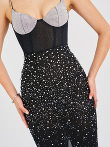 Jimena Crystal Embellished Back Slit Maxi Dress | Black/Silver