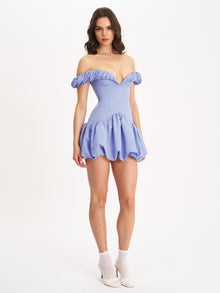 Sablee Checkered Puffy Off Shoulder Trim Bubble Hem Mini Dress | Blue Checkered