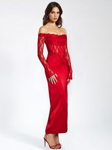 Nessa Lace Satin Corset Maxi Dress | Red