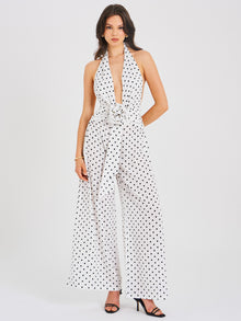 Oriana Halter Jumpsuit | White Polka Dots