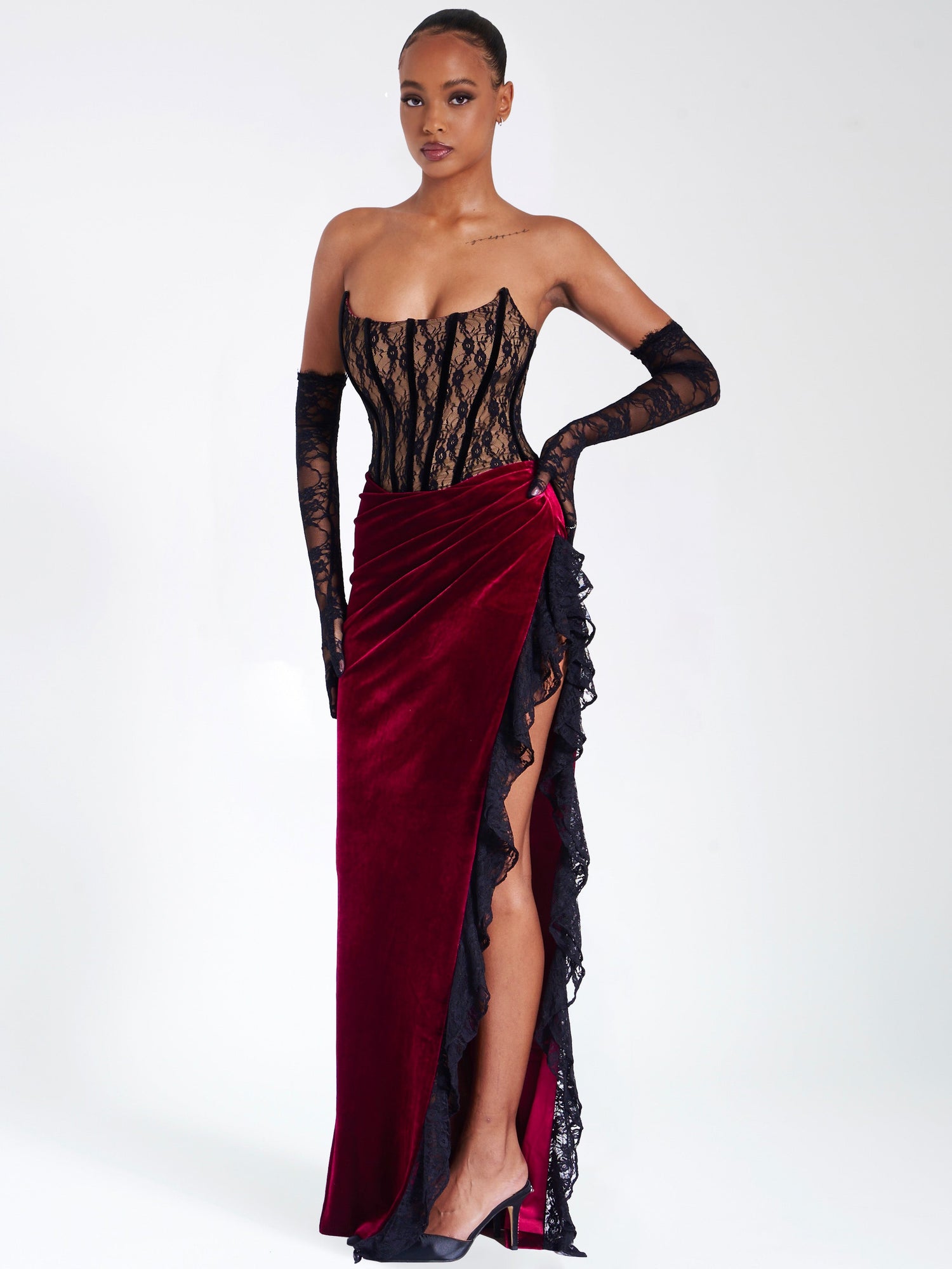 Gaia Lace Velvet Corset Side Slit Dress | Burgundy