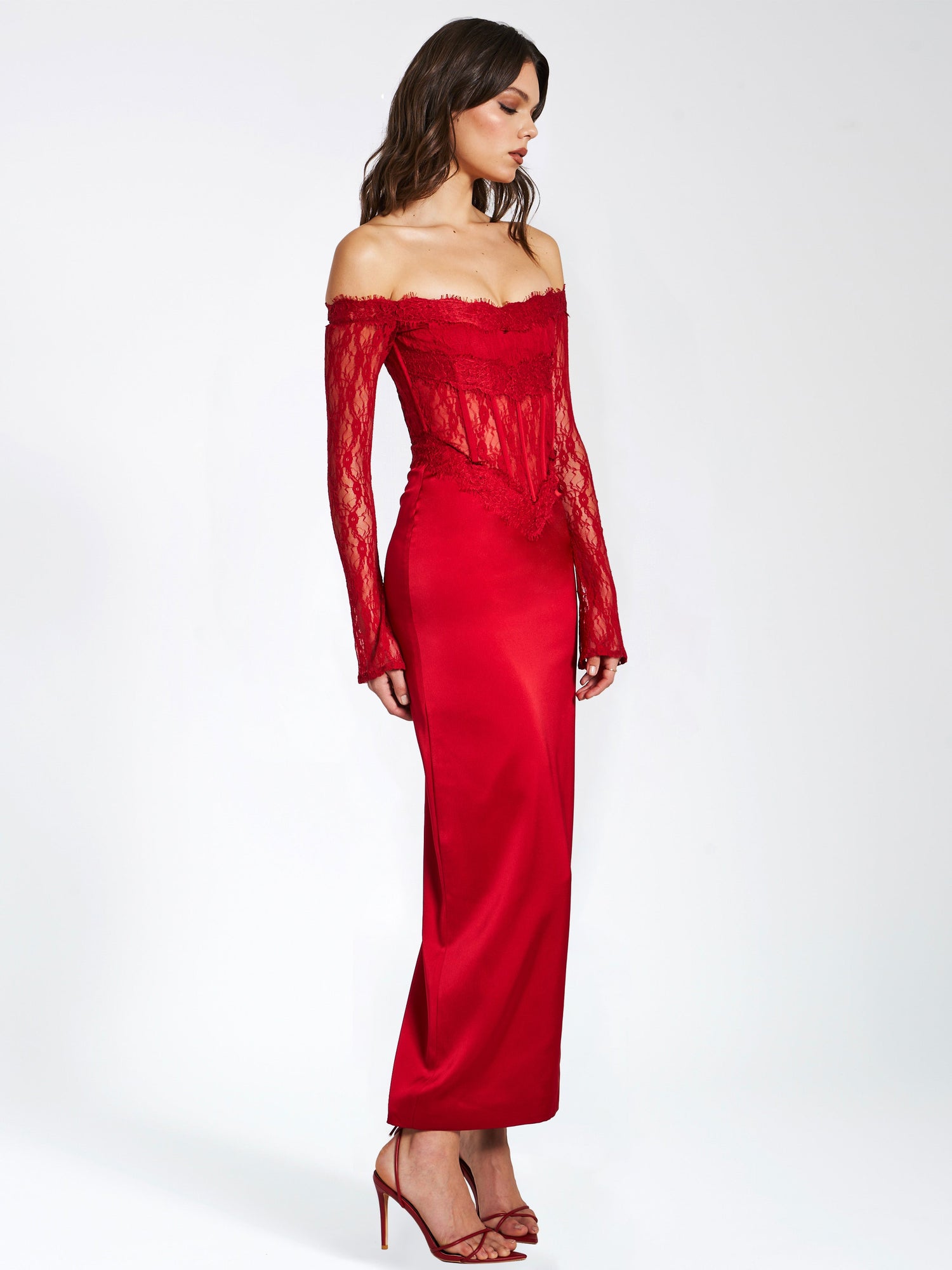 Nessa Lace Satin Corset Maxi Dress | Red