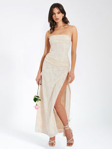 Xatia Jacquard Textured High Slit Maxi Dress | Off White