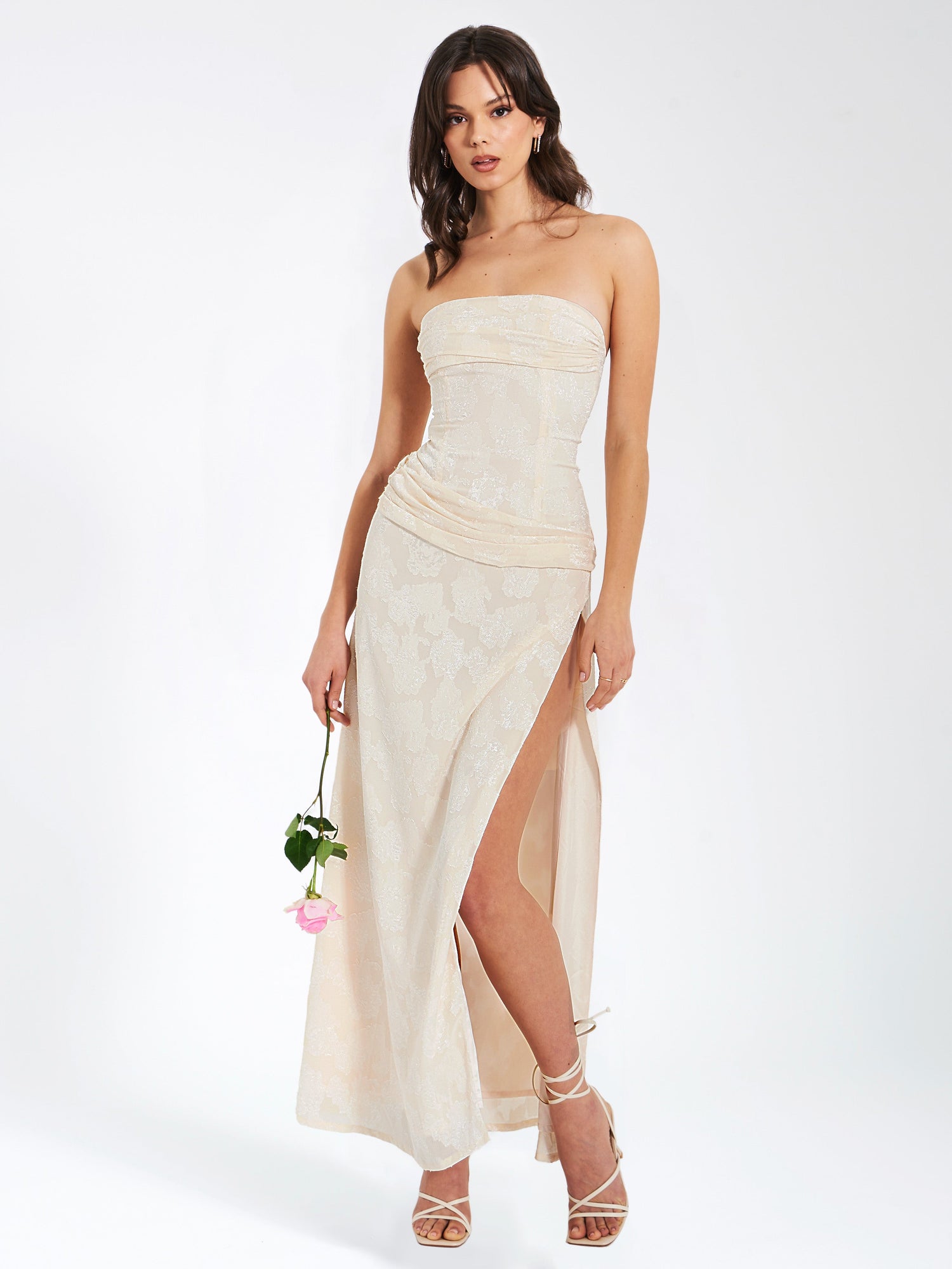 Xatia Jacquard Textured High Slit Maxi Dress | Off White