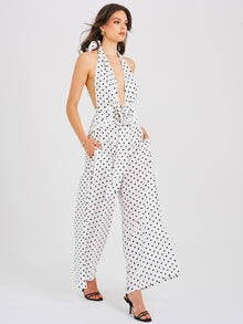 Oriana Halter Jumpsuit | White Polka Dots
