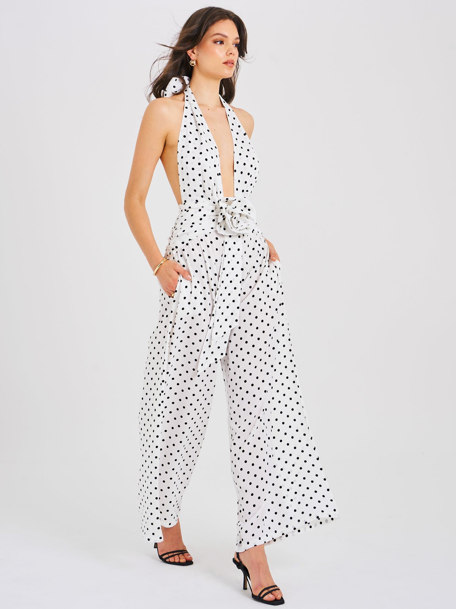 Oriana Halter Jumpsuit | White Polka Dots